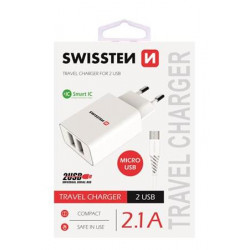 SWISSTEN SÍŤOVÝ ADAPTÉR SMART IC, CE 2x USB 2,1 A POWER BÍLÝ + DATOVÝ KABEL SWISSTEN USB MICRO USB 1,2 M BÍLÝ