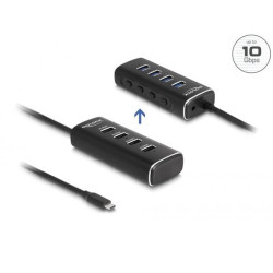 Delock 4 portový rozbočovač USB 10 Gbps s rozhraním USB Type-C™ a s konektorem, kabelem délky 60 cm a spínačem pro každý port