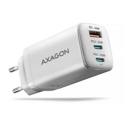 AXAGON ACU-DPQ65W, GaN nabíječka do sítě 65W, 3x port (USB-A + dual USB-C), PD3.0 QC4+ PPS Apple, bílá