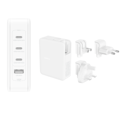 Belkin 140W 4-portová USB-C Power Delivery GaN PPS nástěnná nabíječka + UK, EU, US adaptéry, bílá