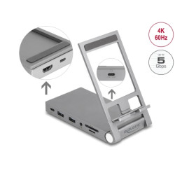 Delock Dokovací stanice na tablety a laptopy, 4K, s integrovaným držákem — HDMI USB HUB SD Micro SD PD3.0 - skládací