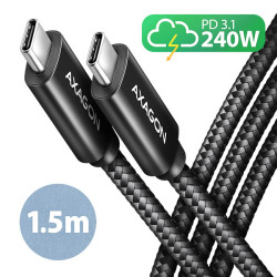 AXAGON BUCM2-CM15AB, CHARGE kabel USB-C - USB-C, 1.5m, Hi-Speed USB, PD 240W 5A, ALU, oplet, černý