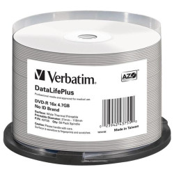 VERBATIM DVD-R(50-Pack) Spindle 16X 4.7GB DataLife Plus Wide Thermal Professional No ID Brand