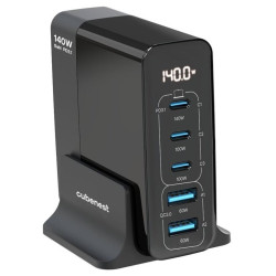 CubeNest S5D0 GaN Adaptér 140W (3× USB-C až 140 W, 2× USB-A až 60 W), PD 3.1, přepěťová a podpěťová ochrana, displej