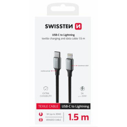 SWISSTEN DATOVÝ KABEL TEXTILE II USB-C LIGHTNING 1,5 M ČERNÝ