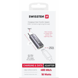 SWISSTEN NABÍJECÍ ADAPTÉR TEXTILE USB-C (samec) LIGHTNING (samice) STŘÍBRNÝ