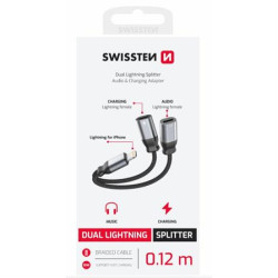 SWISSTEN NABÍJECÍ AUDIO ADAPTÉR TEXTILE LIGHTNING (samec) 2x LIGHTNING (samice) 0,12 M ČERNÝ