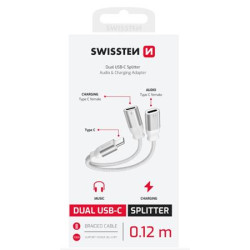 SWISSTEN NABÍJECÍ AUDIO ADAPTÉR TEXTILE USB-C (samec) 2x USB-C (samice) 0,12 M BÍLÝ