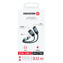 SWISSTEN NABÍJECÍ AUDIO ADAPTÉR TEXTILE USB-C (samec) 2x USB-C (samice) 0,12 M ČERNÝ