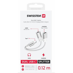 SWISSTEN NABÍJECÍ AUDIO ADAPTÉR TEXTILE USB-C (samec) USB-C (samice) a 3,5mm AUX 0,12 M BÍLÝ