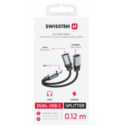 SWISSTEN NABÍJECÍ AUDIO ADAPTÉR TEXTILE USB-C (samec) USB-C (samice) a 3,5mm AUX 0,12 M ČERNÝ