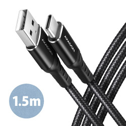 AXAGON BUCM-AM15AB, HQ kabel USB-C - USB-A, 1.5m, USB 2.0, 3A, ALU, oplet, černý