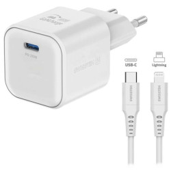 SWISSTEN SÍŤOVÝ ADAPTÉR GaN 1x USB-C 20W POWER DELIVERY BÍLÝ + DATOVÝ KABEL USB-C LIGHTNING 1,2 M BÍLÝ