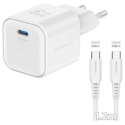 SWISSTEN SÍŤOVÝ ADAPTÉR GaN 1x USB-C 20W POWER DELIVERY BÍLÝ + DATOVÝ KABEL USB-C USB-C 1,2 M BÍLÝ