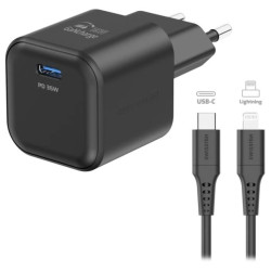 SWISSTEN SÍŤOVÝ ADAPTÉR GaN 1x USB-C 35W POWER DELIVERY ČERNÝ + DATOVÝ KABEL USB-C LIGHTNING 1,2 M ČERNÝ